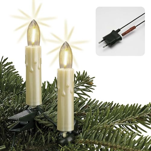 hellum Lichterkette LED-Filament mit Wachstropfen, Made in Germany, Riffelkerzen mit Clip, 20 Lichter, beleuchtete Länge 13,3 m, warmweiß, Schaft perlmutt, für Innen, teilbarer Stecker <59lm 814095