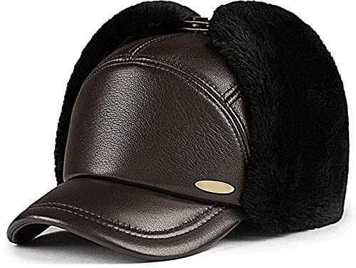 JIARY Leder Wintermützemit Ohrenklappen,Unisex Warme Schneedichte Fliegermütze,Schlittschuhlaufen und andere Outdoor-Aktivitäten,Dark Brown,XXL (59~60cm)