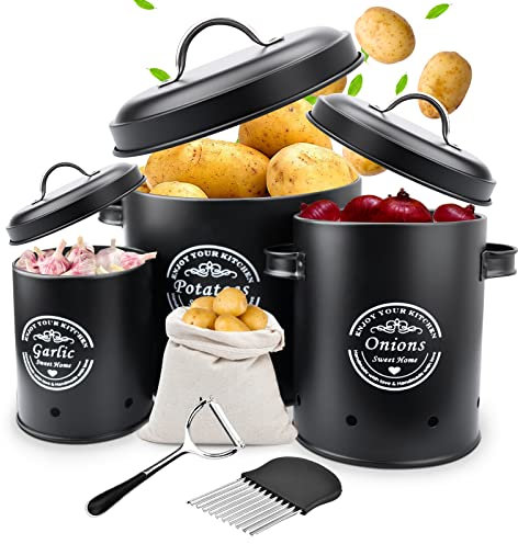 TAVADA Tarros de Patatas,Juego de 3 Tarro de cebolla,Almacenamiento Cocina con Tapa y Orificios de Ventilación,Organizador Cocina Almacenamiento Con Pelador de Diseño Retro (Negro)