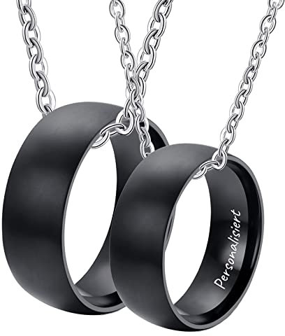Titan Halskette Paare mit Ring Anhänger, 2Pcs Partner Kette für Ihn Hochglanzpoliert, Schwarz für Frauen Männer (Breite 8MM, Länge 60cm/ 50cm, Damen 54 Herren 62)