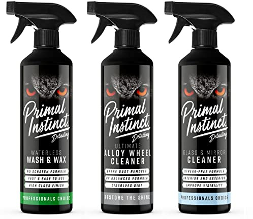 Primal Instinct - Exterior Car Cleaning Kit | Includes Waterless Wash & Wax, Alloy Wheel + Glass and Mirror Cleaner | 3x 500ml