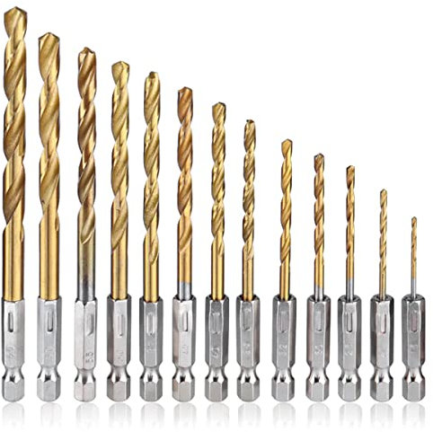 Treki 13pcs Hex Tige Forêt Hélicoïdal en Titane Enduit HSS 6.35mm Twist Drill Bits Acier à Haute Vitesse 1,5mm - 6,5mm Hexagonaux Forets de Torsion Changement Rapide Métrique