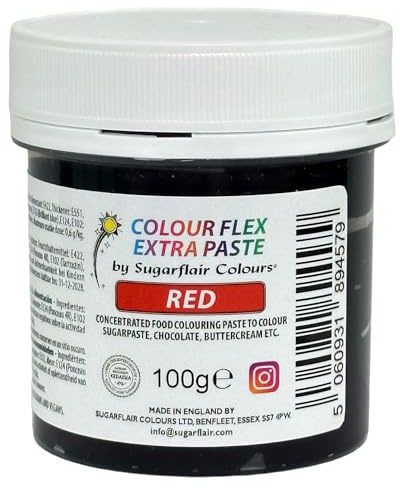 Sugarflair Colourflex Extra Paste Lebensmittelfarbe Paste Red - Essbare Lebensmittel Farbe für Buttercreme, Schokolade, Zuckerpaste, Zuckerguss, Fondant, Kuchenmischungen, Teig und mehr - 100g