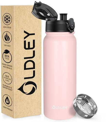 OLDLEY 600ml/20oz Edelstahl-Wasserflasche, Doppelwandige Vakuumflasche, Hält Getränke Heiß und Kalt, Auslaufsicher, BPA-frei, Metallisolierte Wasserflasche für Sport, Arbeit, Outdoor, Wandern