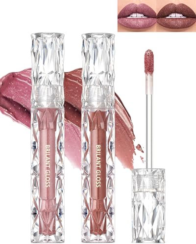 Glitzer Lipgloss Set-2Pcs Metallic Diamond Flüssiger Lippenstift, Glitter Schimmer Lip Gloss Langanhaltend Wasserdicht, Non-Stick Cup Hochpigmentiert Lip Tint Gloss Makeup für Frauen-01+02