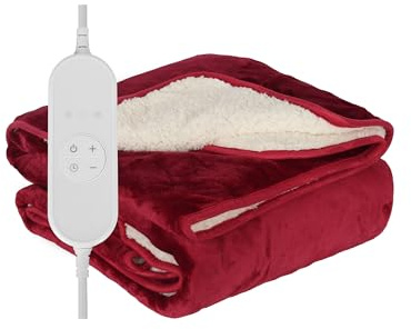COZYBRITE Electric Heated Blanket Throw Fleece with 9 Heat Settings 9 Hours Timer Auto Shut-off 180x130cm Double Sided Digital Control Machine Washable (Wine Red+White)