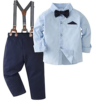 Amissz Baby pojkar gentleman set, barn festliga kläder 1–10 år dopkläder kostym långärmad skjorta & byxor outfit, blå, 6-7 år