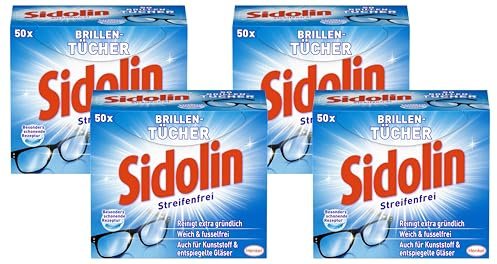 Sidolin Brillenputztücher (50 Stück), feuchte Reinigungstücher für Brillen, Displays, Bildschirme, reinigen mühelos und fusselfrei, optimal für unterwegs (Packung mit 4)