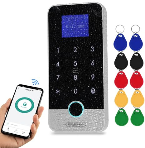 FUSYTULY Bluetooth Tuya RFID Control de Acceso Teclado Sistema Biométrico de Huellas Dactilares IP65 Impermeable 13,56 MHz Controlador de Acceso RFID con Pantalla Táctil + 10 llaveros