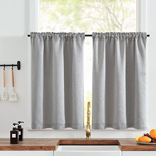 TOPICK Faux Linen Kitchen Curtains 36 Inch Drop Small Cafe Curtains Privacy Textured Curtain Tiers for Bathroom Sink Laundry Rod pocket 2 Panels Grey