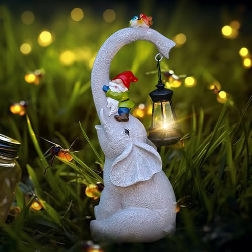 Choies - Statue de jardin solaire en forme d'éléphant - Figurines d'éléphant avec oiseaux mignons et nains de jardin - Cadeau pour femme, maman