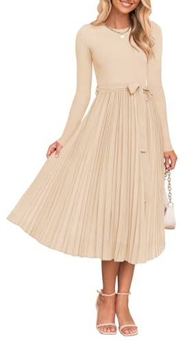 ZESICA Women's Spring Long Sleeve Sweater Dress 2025 Casual Crewneck Knit Belted Pleated A Line Flowy Party Midi Dresses Apricot Medium