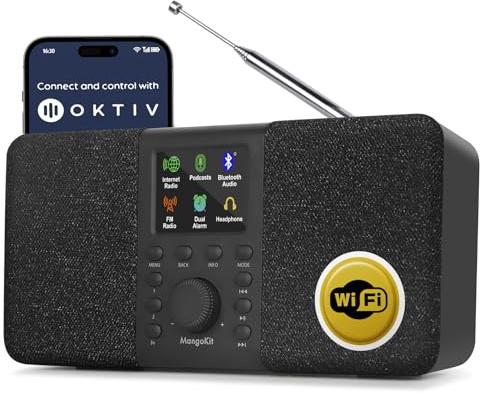 MangoKit SR20 Smart Internet Radio with WiFi,Podcast Player, Bluetooth Speaker,Portable FM Radio,Mains and Battery Powered Radio,Stereo Sound,Color Display,Dual Alarms, Presets,App Control-Black
