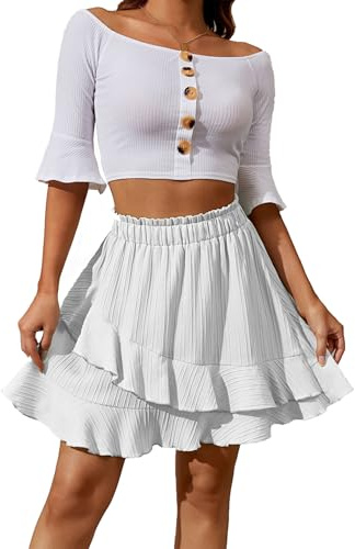 Btofellin Jupe Femme d'Été A-Ligne Volants Décontracté Plissée Taille Haute Courte Mini Plage, Blanc, L