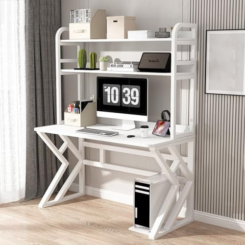 Computertisch mit Ablagefächern, großer Schreibtisch für das Homeoffice, Arbeitszimmer mit Bücherregal, moderner PC-Laptop-Tisch, Gaming-Schreibtisch (120 x 60 x 170 cm, weiß)