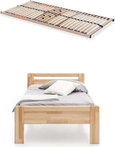 WOODLIVE DESIGN BY NATURE Massivholz-Bett aus Kernbuche inkl. Lattenrost, als Seniorenbett geeignet, in Komforthöhe, geöltes Doppelbett mit Kopfteil (180 x 200 cm)