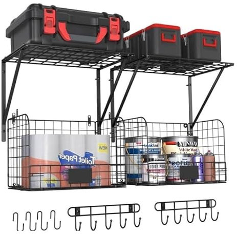 Qustikuri Garage Shelves Wall Mounted with Wire Baskets, Heavy Duty Garage Wall Shelf with Hooks, Wire Shelving Baskets, Tool Organizer for Home, Garden, Garage, Organization and Storage, 2 Pack
