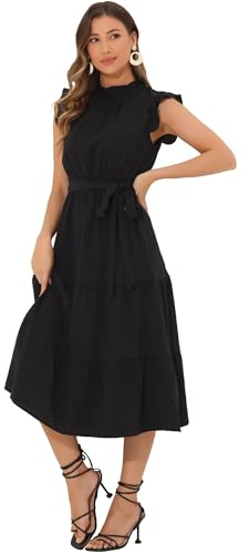 Allegra K Robes Mi-Longues Femmes Robe Trapèze Col Montant à Volants à Manches Courtes Robe A-Ligne Mousseline Fluide Noir M