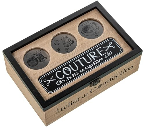 DRW Costurero Caja de Costura de Madera en Natural y Negro 24x16x8 cm