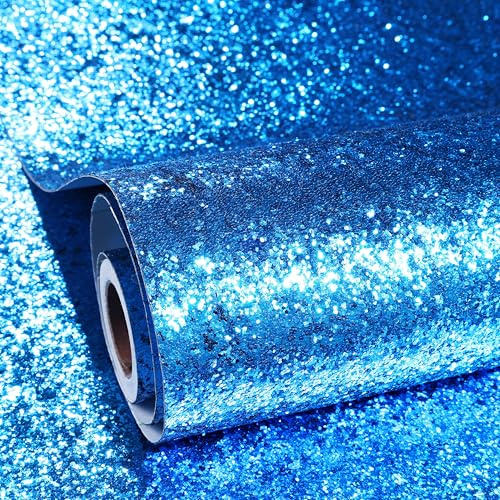 ReWallpaper Selbstklebende Tapete Glitzer Blau Glitzerfolie Textil Flash 40CMx7M Klobiger Klebefolie Glitzer Möbel Blau Wandtapete Wohnzimmer Schlafzimmer Vintage Pailletten Strukturtapete