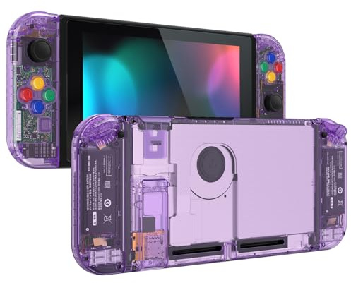 eXtremeRate DIY Replacement Shell Buttons for Nintendo Switch, Crystal Clear Atomic Purple Custom Back Plate for Switch Console, Housing Case with Colorful Buttons for Joycon Handheld - No Controller
