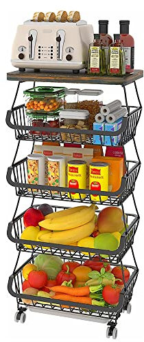 Obstkorb mit 2 Etagen, Wandkorb, stapelbar und an der Wand montierbar, mit Deckel aus Holz, zur Aufbewahrung von Obst, Gemüse und Toilettenartikeln (5 Ebenen, 40 x 30 x 94 cm)