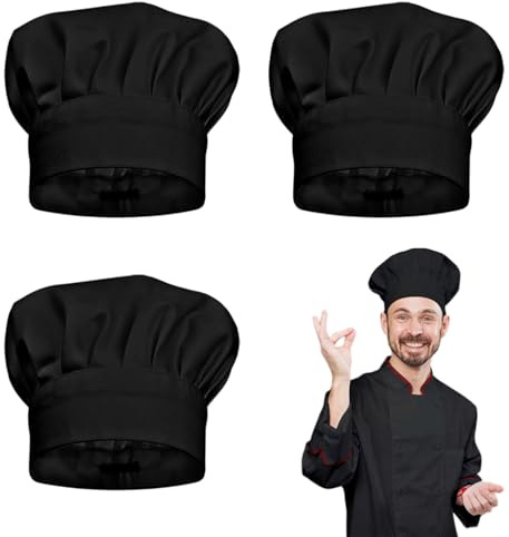TUONYIS 3 Pièces Bonnet de Cuisinier, Chapeau de Chef Unisexe Chapeau de Chef, Toque de Chef Jetable Chef Toque de Cuisinier Chapeau de Cuisine Réglable pour Cuisine, Hôtel, Restaurant (Noir)