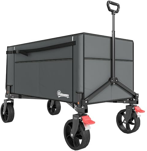 Outsunny Festival Trolley on Wheels, 150L Folding Camping Trolley Cart with Openable Sides, Adjustable Handle and Brakes for Shopping Beach Garden Fishing, Grey