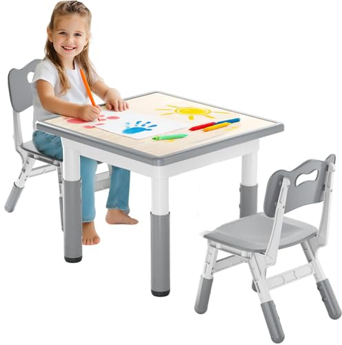 Table pour enfants avec 2 chaises, Réglable en hauteur en HDPE & ABS, Table de jeu multifonctionnelle Stable pour enfants de 2 à 10 ans, Ensemble de chaises ergonomiques pour chambre d'enfant, 60*60cm