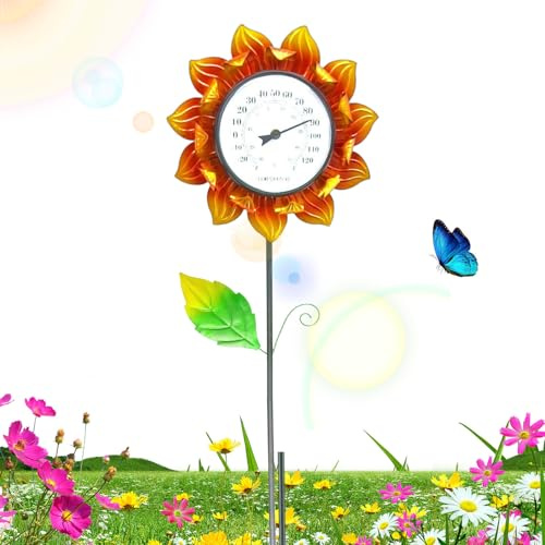 Termometro da esterno con in metallo | Termometri decorativi da parete di girasole,Decorazioni con termometro per interni ed esterni ha un gancio sul retro per
