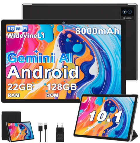 Biegedy 2026 Dernière Tablette Android Gemini AI, Tablette 10 Pouces 22Go RAM + 128Go ROM(TF 2To), avec 5G WiFi Octa-Core 2.0GHz, 8000mAh, GPS, Widevine L1, Tablette Tactile Noir