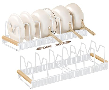 1 organiseur de couvercle en acier inoxydable avec 7 séparateurs réglables – Support de rangement pour couvercles de casseroles, longueur totale extensible 57,5 cm (blanc)