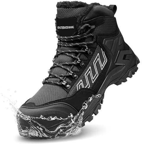 KOIFISH Botas de seguridad para Hombre Invierno Impermeable Zapatos de Seguridad Punta Compuesta Antideslizante Antiestático Botas de Trabajo con Forro Térmico Negro 47