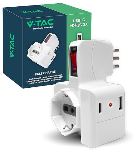 V-TAC Multipresa Elettrica USB C Power Delivery 20W + Porta + 1 Presa Laterale 10/16A Bipasso e 1 Frontale 10/16A Bipasso Schuko - Adatatore Multipresa Type-C per Casa, Ufficio