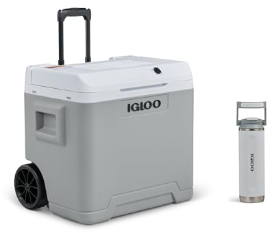 IGLOO IE42 AC/DC elektrische Kühlbox mit Telekop-Griff und Rollen, 42L für Auto und Steckdose,12V & 230V grau & Tumbler 20 Thermoflasche, 600 ml, weiß, Spülmaschinenfest, Ideal für Freizeit, Outdoor