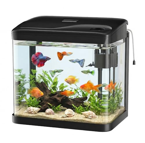 PUTINEI Acquario in Vetro 10 Litri,Acquario Completo Acquarios Per Pesci Rossi,con Illuminazione a LED e Sistema di Filtraggio,Nero,Set Per Principianti