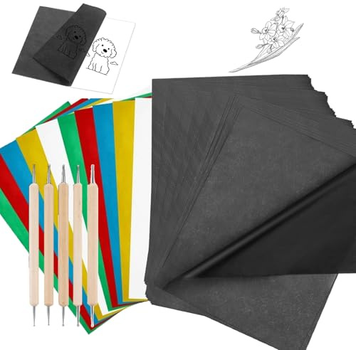 100 Blatt Schwarzes Pauspapier A4 mit 5 Stck Prgestift, 10 Blatt Bunt Stoff Wasserlöslich Transferpapier, Kohlepapier A4, Durchschlagpapier für Holz, Papier, Leinwand, Stein (Farbmischung)