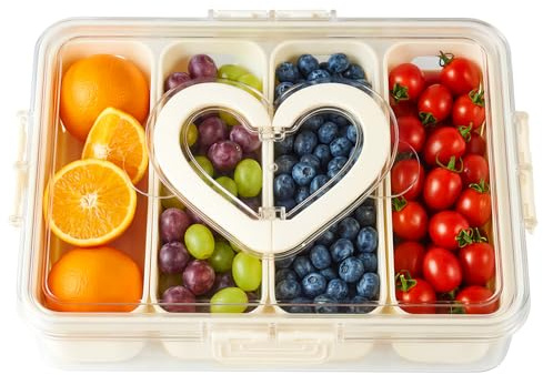 Otopone Fruit Storage Container for Fridge with 4 Removable Drain Baskets | Four removable drain baskets help separate, rinse and store berries, vegetables and snacks; clear box with lid and handle