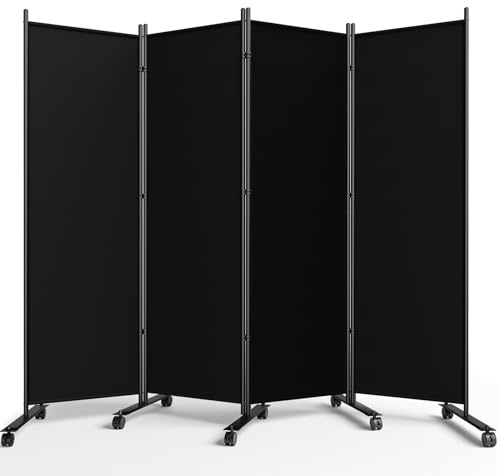 WELDUN 4 Panel Room Divider 183CM Folding Privacy Screens with Lockable Wheels, Room Partition for Room Separator, Freestanding Portable Fabric Wall Dividers, Black, WxH 223.5x183 cm