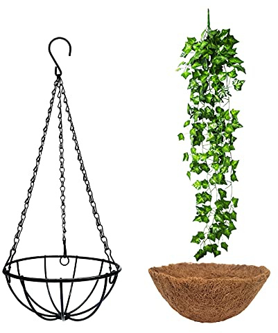 Lot de 2 paniers de fleurs à suspendre de 20 cm avec doublure en noix de coco et chaîne, pots de fleurs de lierre artificiel pour décoration d'intérieur et de jardin, plantes élégantes à suspendre
