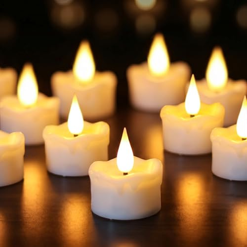 Eldnacele LED Teelichter mit Timer aus Echtwachs, Creme, 12er Set | Teelichter mit Timerfunktion, elektrische Teelichter, Teelichter LED, flackernde 3D-Flamme, Wachstropfen-Optik, 12 CR2032