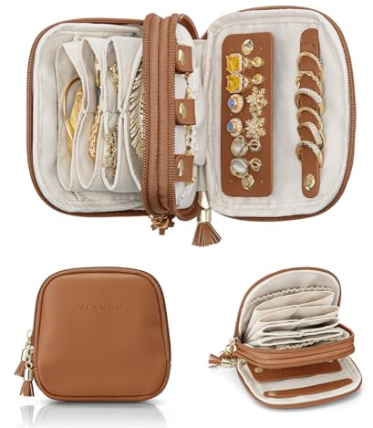 VLANDO Schmuckkästchen Reise 2 lagige Schmuckaufbewahrung,Für Klein Schmuck | Travel Essentials,Geschenk für Damen,Travel Accessories,Schmucktasche Für Ohrringe,Halsketten,Ringe, Braun