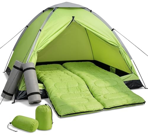 High Peak Camping Zelt Set 1-2 Personen, Kuppelzelt Komplettset mit 2 Schlafsäcken & 2 Isomatten, PU 1500 mm wasserdicht, leichtes Festivalzelt mit schnellem Aufbau für Trekking, Festival, Picknick