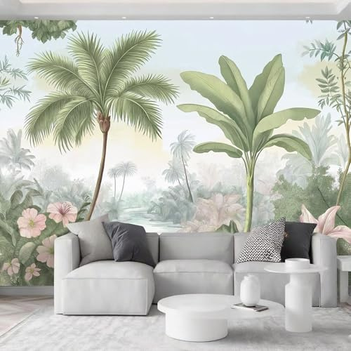 Carta da parati fotografica ad acquerello, effetto 3D, 200 x 140 cm (larghezza x altezza), vintage, foresta pluviale tropicale, palma, floreale, moderna, verde salvia, poster per camera da letto