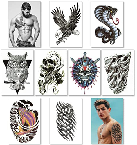 Temporäre Tattoos Tätowierung Für Männer Junge Teens - Gefälschte Aufkleber Für Arme Schultern Brust und Beine Adler Koi Fisch Schädel Eule Transfers - 8 Blätter Realistisch Wasserdicht