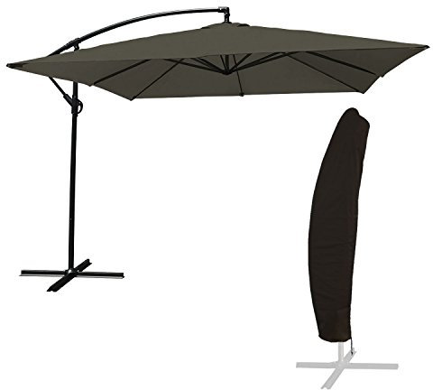 Parasol déporté MOLOKAI carré 2.7x2.7m gris avec manivelle. Parasol déporté inclinable, rabattable et rotatif avec housse de protection.