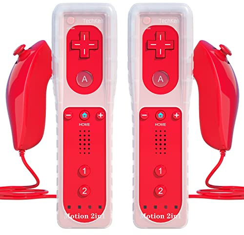 TechKen 2 Sets Remote Controller for Wii, Replacement Remote Built-in Motion Plus Controller and Nunchuck (2 Red)