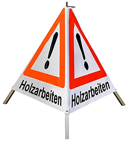 Warnpyramide/Faltsignal Achtung(VZ101) Holzarbeiten 70cm - weiß tagesleuchtend, leicht