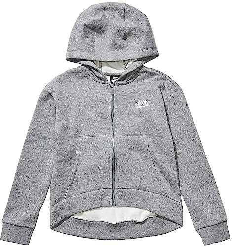 Nike Felpa con Cappuccio da Ragazza G NSW Club FLC FZ, Carbon Heather/White, 12 Anni