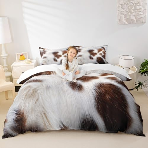Farmhouse Rustic Duvet Cover Queen Cow Skin Pattern Bedding Set 3pcs for Kids Teens Bedroom with 2 Pillowcases White Brown Cowhide Fur Print Quilt Cover Soft Microfiber Comforter Cover（Not Comforter）